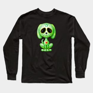 Green Zombie Sugar Skull Puppy Dog Long Sleeve T-Shirt